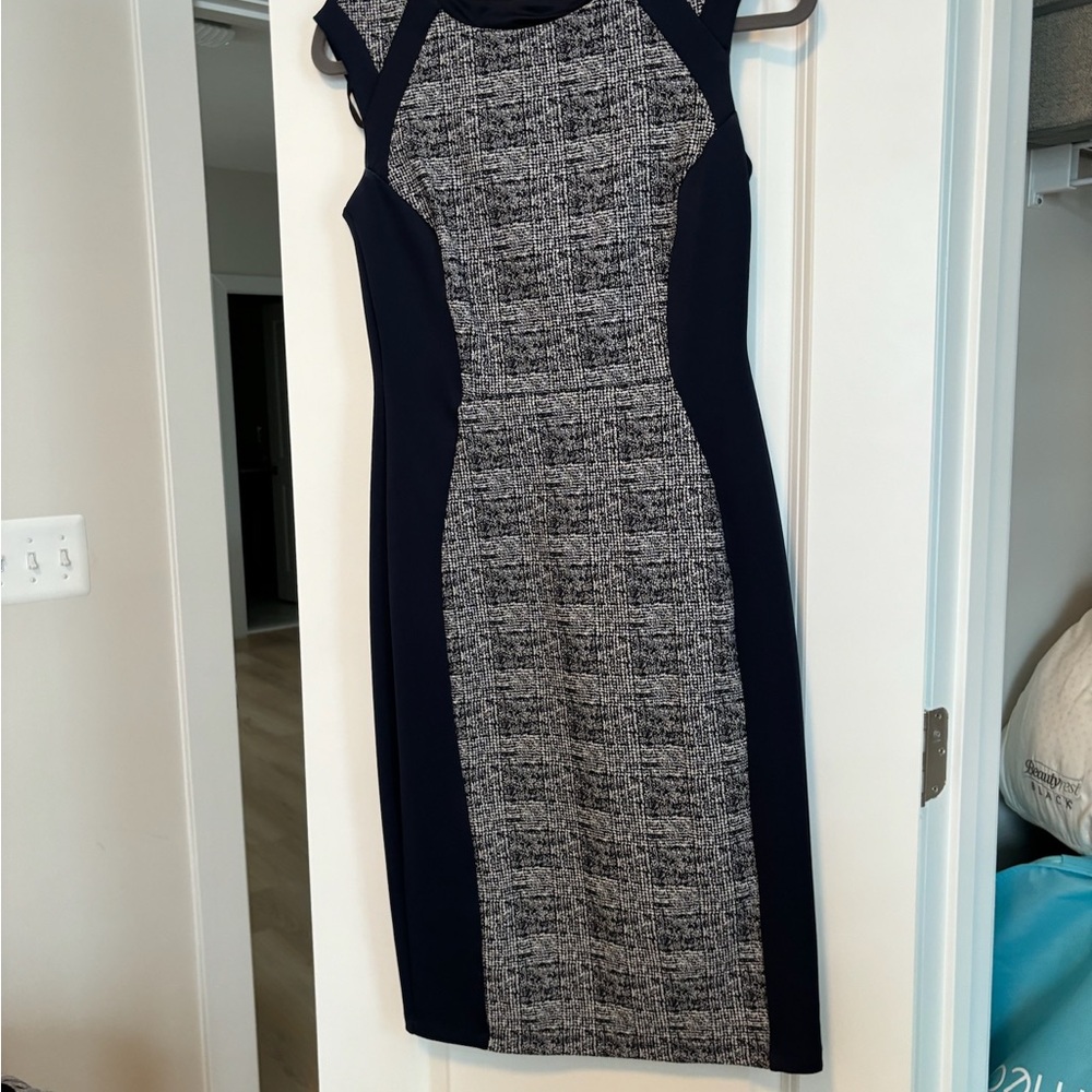Navy tweed shift work dress
